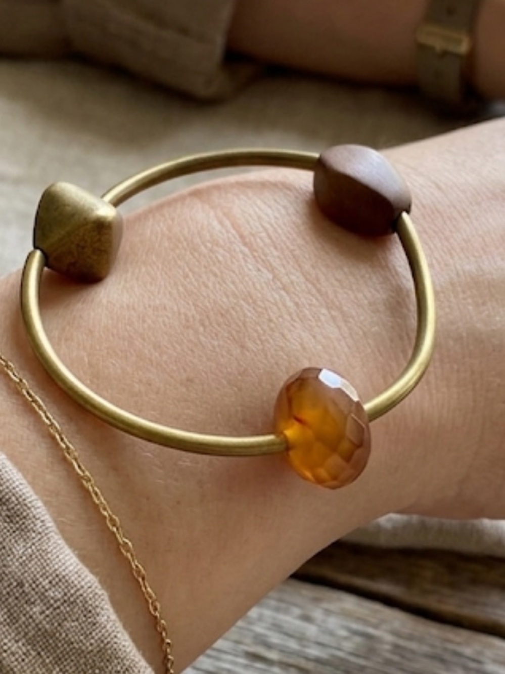 Handcrafted Brown Agate & Brass Bead Bangle